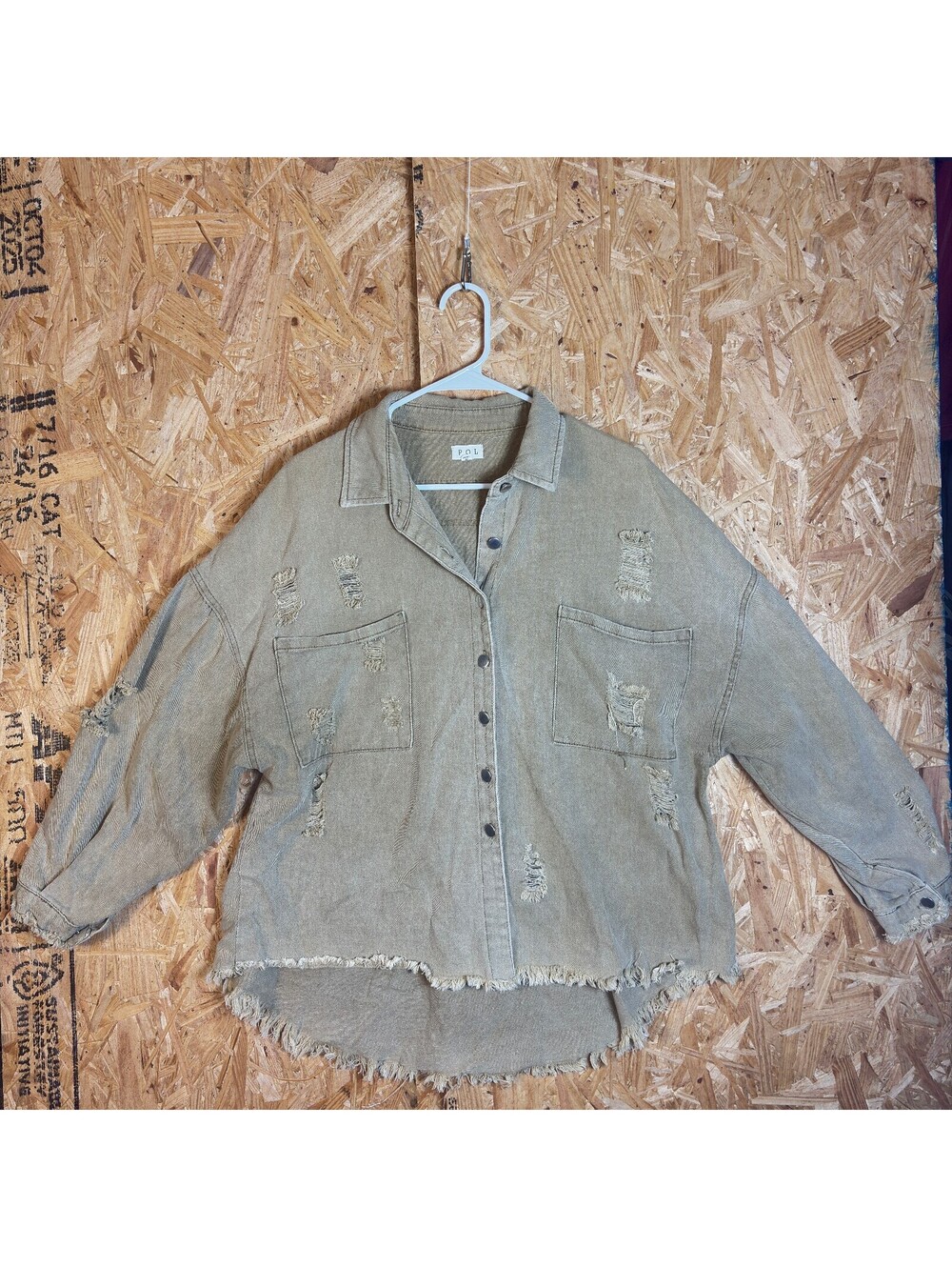 Beige Pol Distressed Button Front Shacket